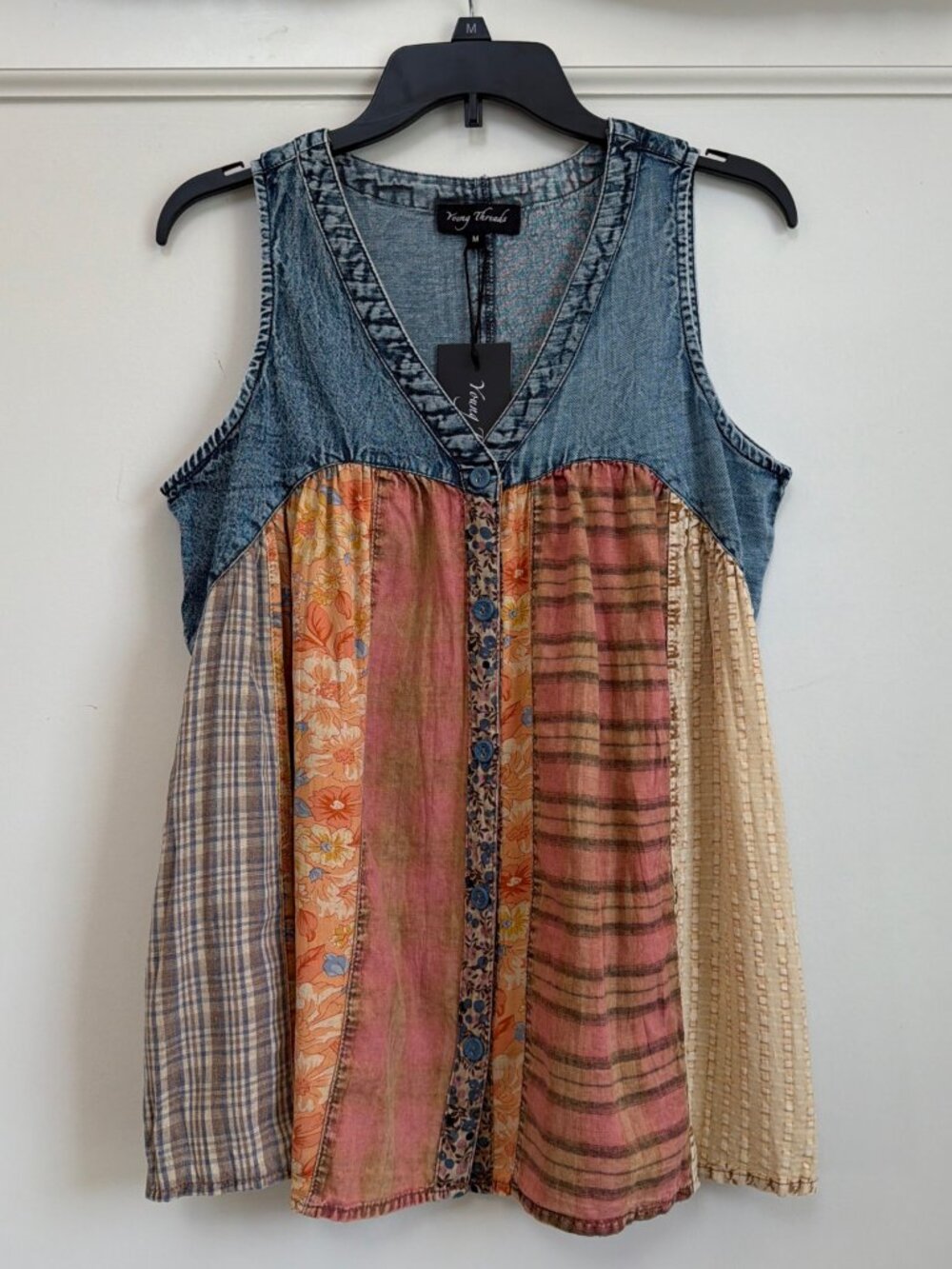 Young Threads Denim Patchwork Button-Front Boho Tunic Top M NWT